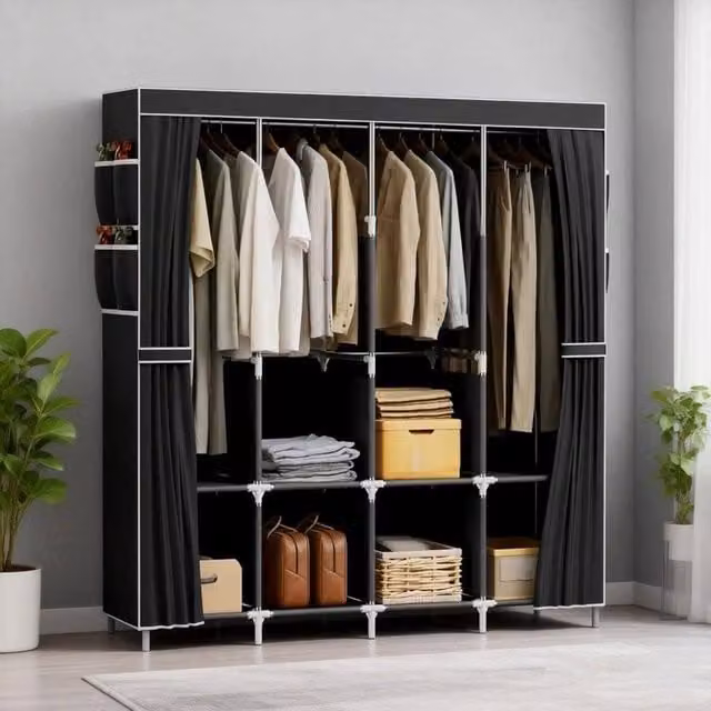 VOGREX Black Canvas Fabric and Metal Freestanding Wardrobe with Hanging Rail and Internal Shelves, W/D/H: 45 x 45 x 170 cm – 1