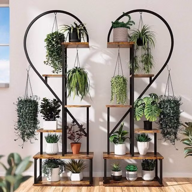NESTLUNE 6-Tier Tall Wooden and Metal Plant Stand Rack in Black, W: 100 cm, D: 100 cm – 1