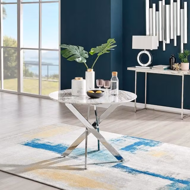 FurnitureboxUK Novara Round 4-Seater Dining Table in Off-White with Silver Chrome Legs, Diameter: 100 cm – 1