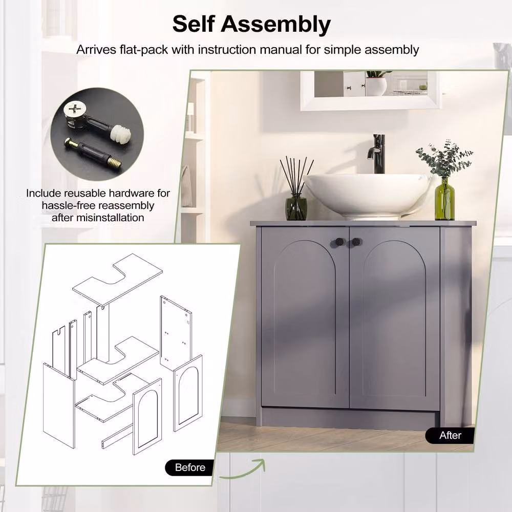 KEEPREAPER Mid-Century Grey Freestanding Bathroom Cabinet with Soft Close Hinged Doors and Open Shelf – 3