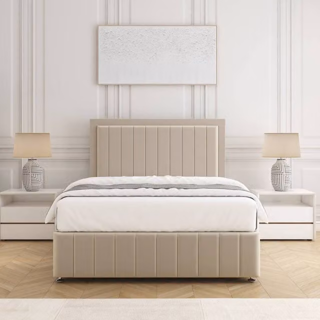 BSSPOKE Sophia Divan Bed Set with Headboard and Mattress in Beige Plush Velvet, Small Double, W/D/H: 137.16 x 120 x 200 cm