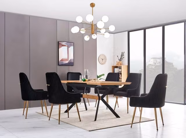 Life Interiors Soho Blaze LUX Extendable Rectangular Dining Set in Black and Gold with 6 Chairs