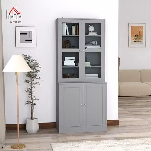 HOMCOM Modern Grey Display Storage Cabinet with Glass Doors and Adjustable Shelves, H 178.5 x W 76.0 x D 40.0 cm – 2