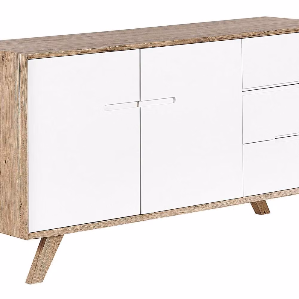 Wyld and Coco Nordic Sideboard in White and Light Brown with 3 Drawers and 2 Cabinets, W/D/H: 140 x 40 x 75 cm – 2