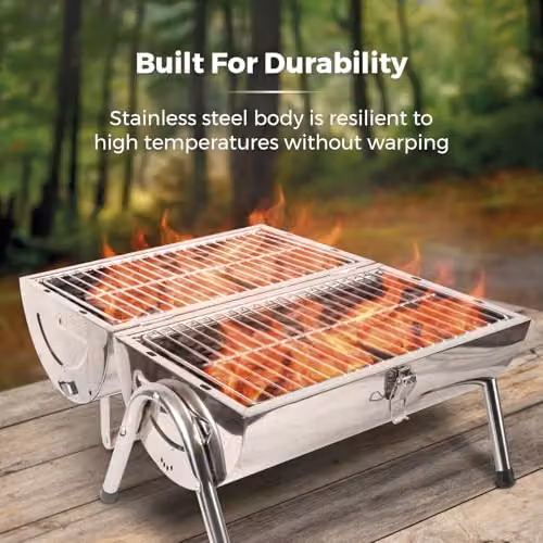 Tower Portable Barrel Charcoal Tabletop Grill in Silver and Black with Stainless Steel and Wooden Carry Handle, W/D/H: 41.5 x 24.5 x 35.0 cm – 4