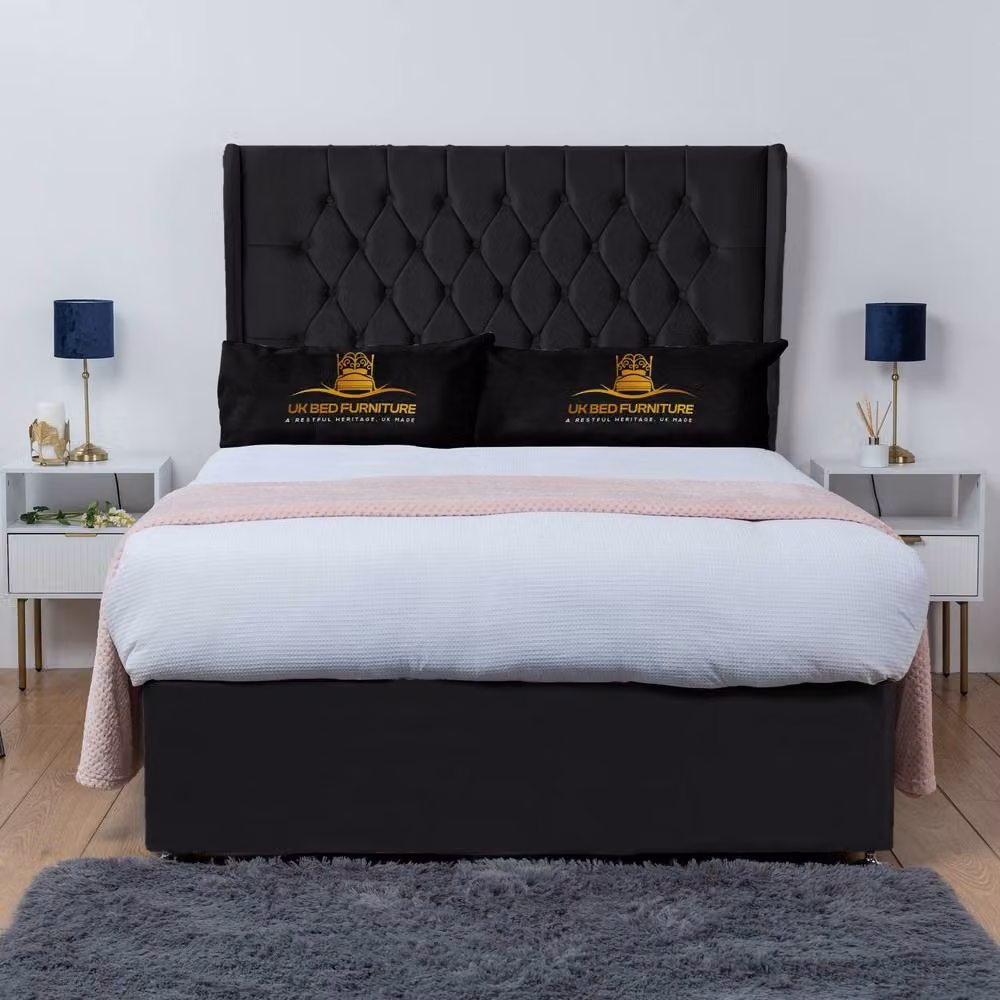 UK Bed Furniture Mary Wingback Divan Bed with 2 Drawers and 54 Inch Headboard in Black, King Size, W/D/H: 180 x 200 cm – 2