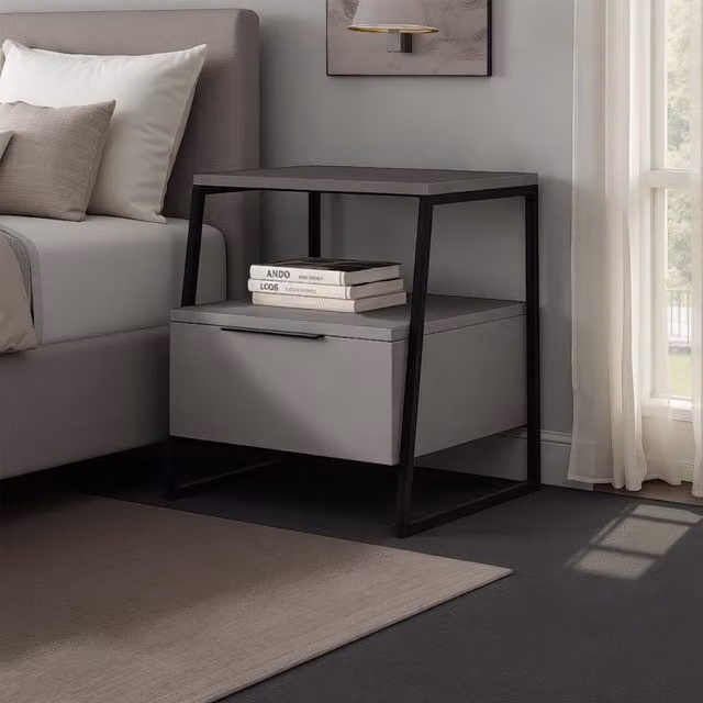 FWStyle Modern 1 Door Bedside Table with Black Metal Frame in Anthracite Grey