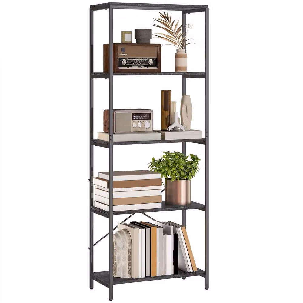 HOMCOM 5-Tier Modern Industrial Freestanding Bookshelf in Grey and Black, W/D/H: 79 x 35 x 161 cm – 2
