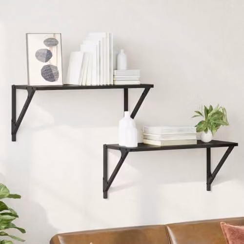 vidaXL Set of 2 Wall-Mounted Oak Shelves in Black, W/D/H: 60 x 25 x 25.5 cm – 2