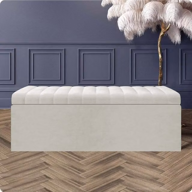 R&M Furnishers Safar Ottoman Storage Box, Striped White and Cream Plush Velvet Upholstered Blanket Chest