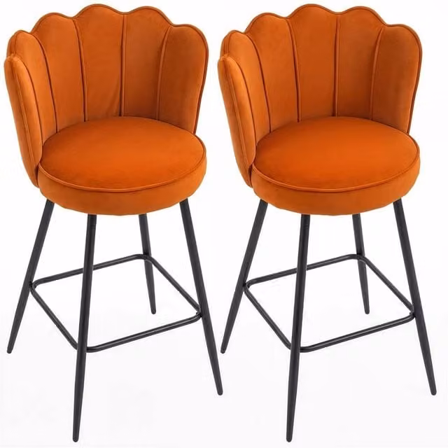 VOGREX Set of 2 Orange Petal Back Velvet Kitchen Bar Stools with Metal Upholstered Frame