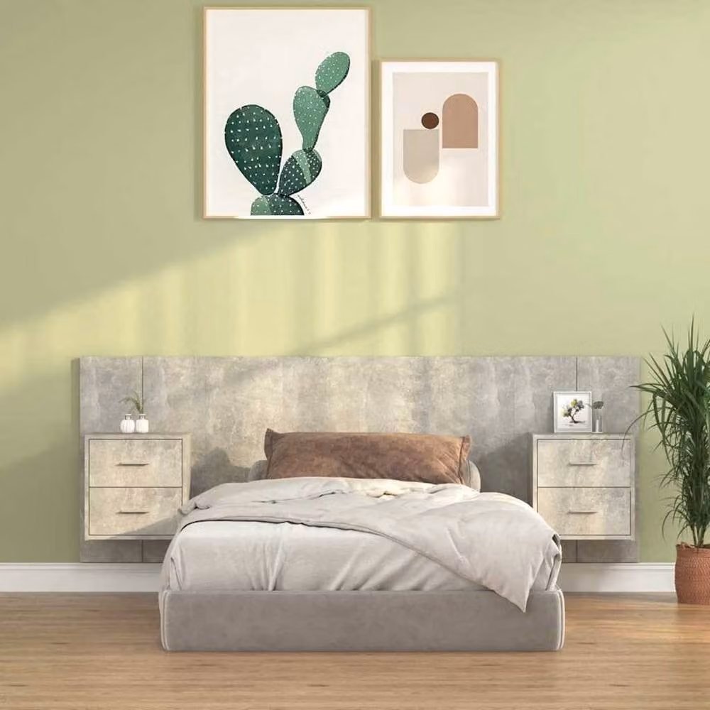 Berkfield Home Bed Headboard with Integrated Nightstand Cabinets in Concrete Grey Engineered Wood – 1