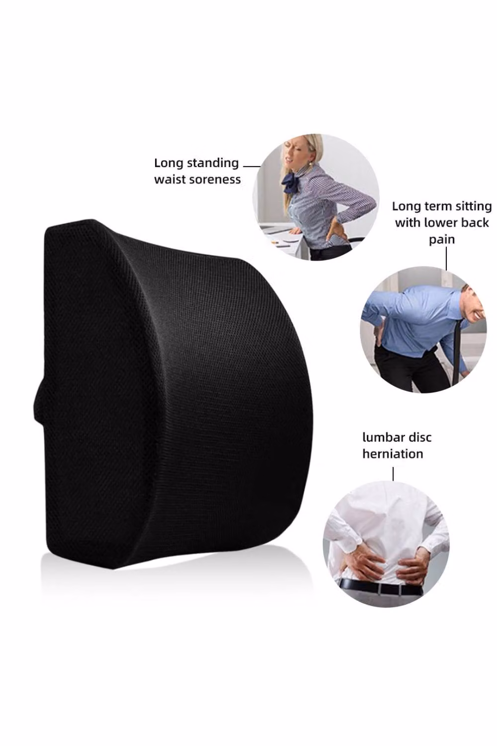 KDMD Black Memory Foam Lumbar Back Support Cushion with Breathable Removable Mesh Cover – 3