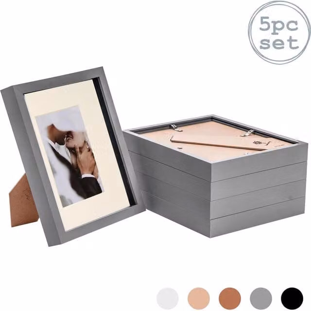 Nicola Spring Pack of 5 Rectangular 3D Box Photo Frames in Grey and Yellow, W/D/H: 25.4 x 25.4 x 25.4 cm with 4x6 inch Mount