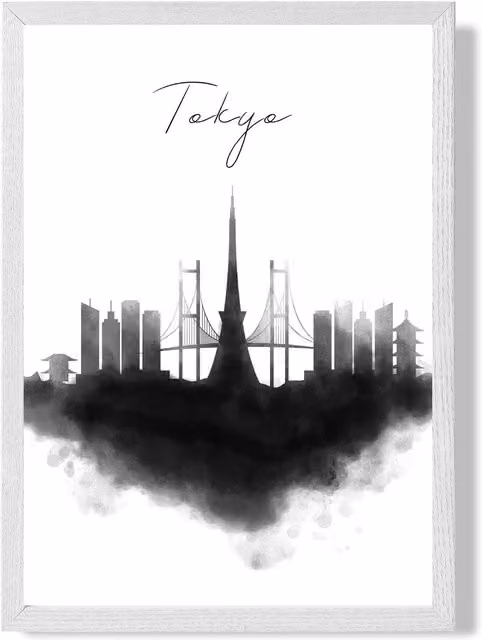 ARTZE Tokyo Watercolour Skyline City Framed Print with Black and White Frame