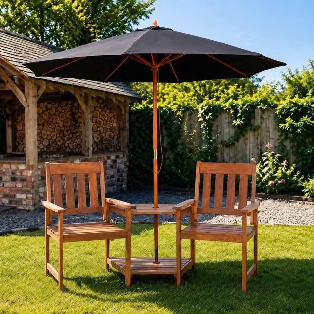 Samuel Alexander Rydal 2 Seater Wooden Love Seat and 2.7m Black Parasol Set