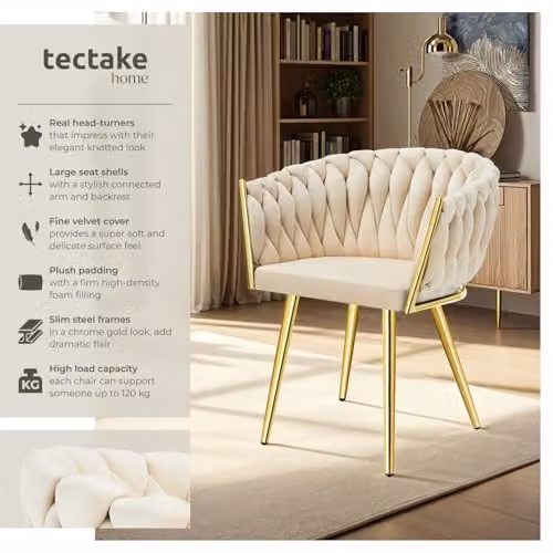 tectake Set of 6 Astano Dining Chairs in Sand and Gold Velvet Fabric with Metal Legs – 2