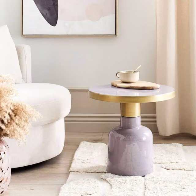 Wyld and Coco Violet Metal Side Table with Purple Oval Top, H 45 cm x W 45 cm x D 45 cm