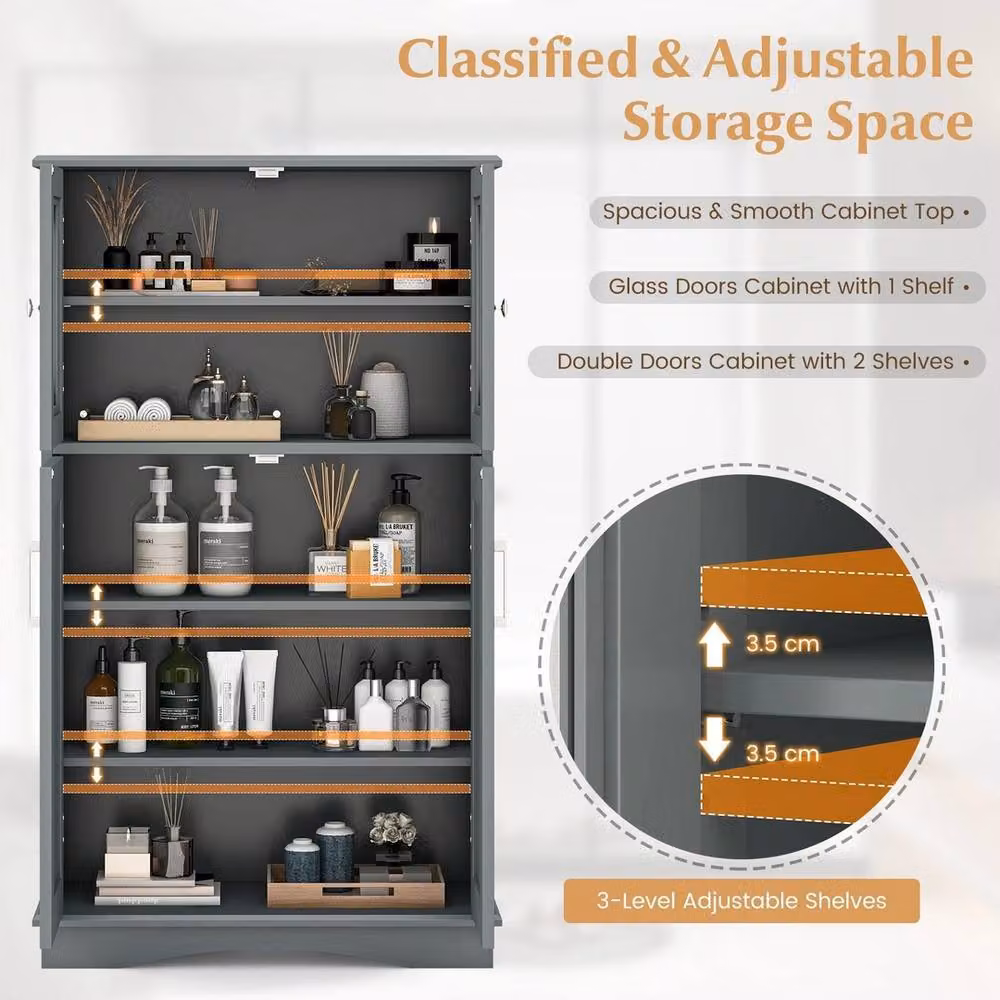 FORGEVIO Grey Freestanding Bathroom Linen Storage Cabinet with Glass Doors and Internal Shelves – 5