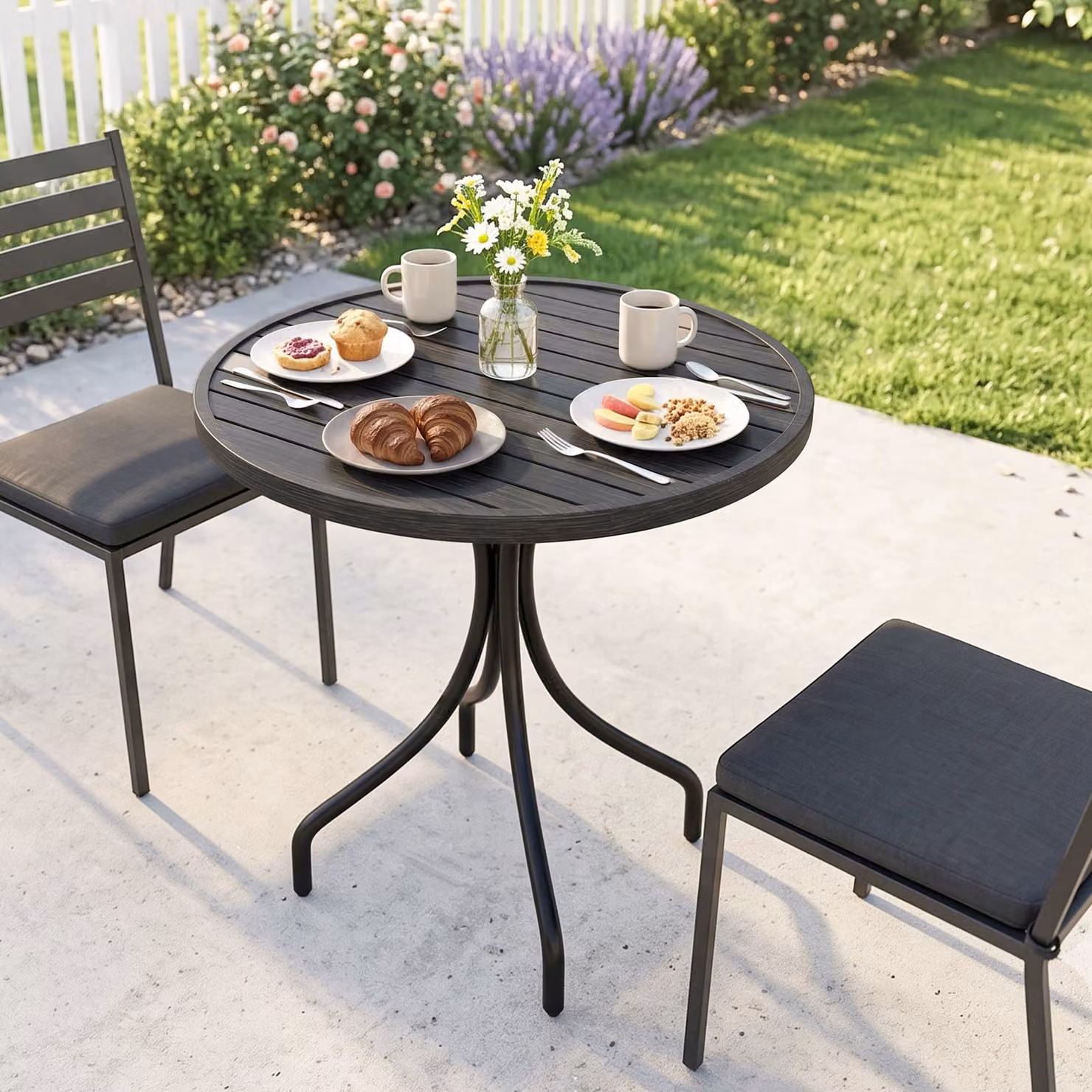 Outsunny Round Garden Side Table with Steel Frame and Grey Wood Grain Slat Tabletop, Diameter: 66 cm – 7