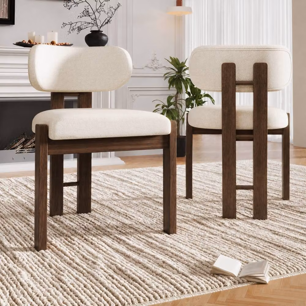 Rolipo Set of 4 Modern Solid Wood Dining Chairs in Walnut Finish with Brown and Beige Boucle Fabric – 5
