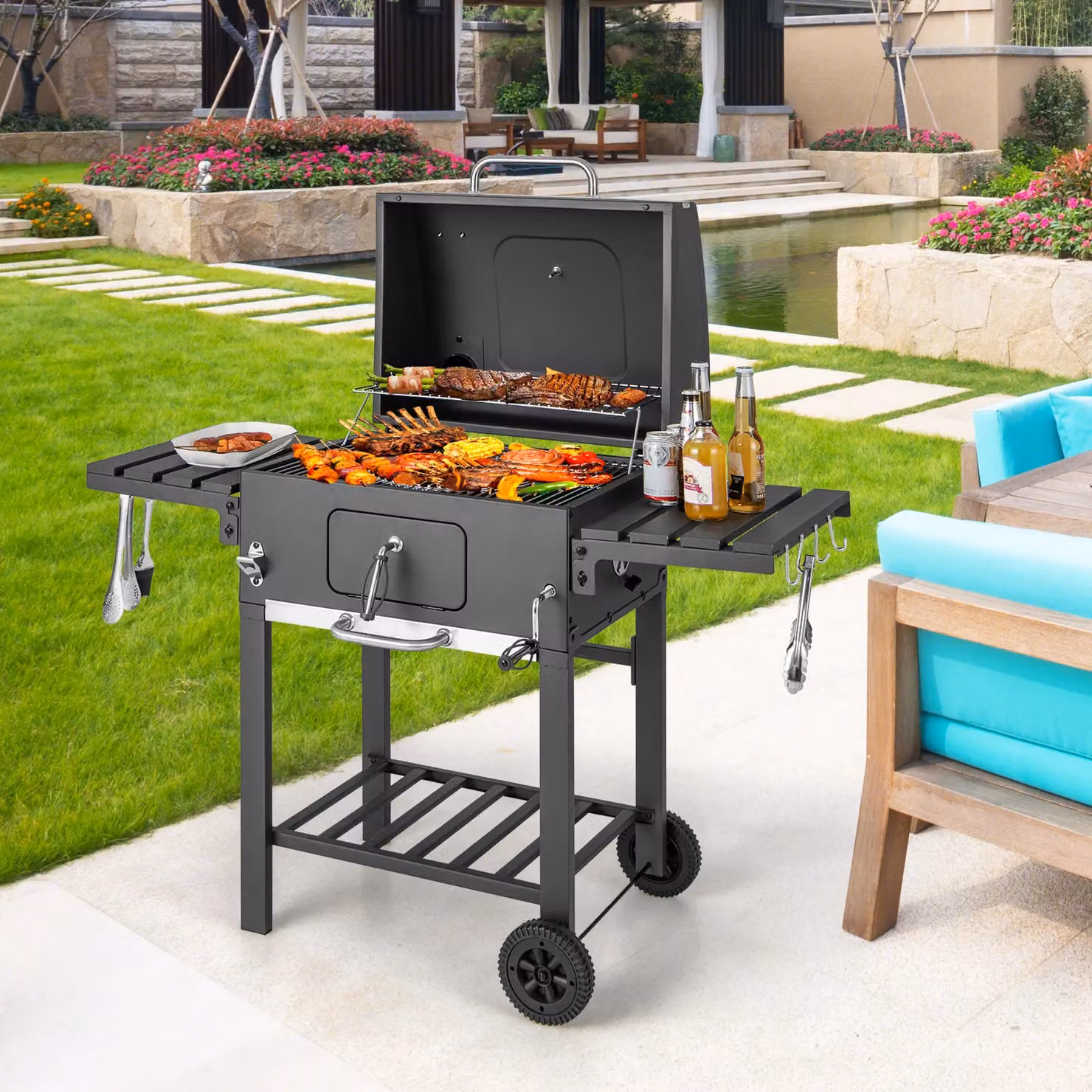 Costway Charcoal BBQ Smoker Combo with 2 Wheels and 2 Foldable Side Tables, Black, W/D/H: 128 x 46 x 117 cm – 2