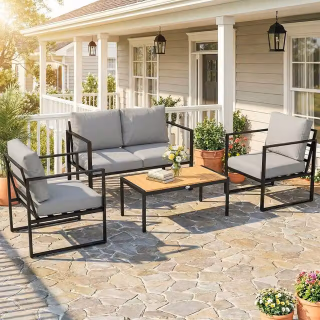 OUTSUNNY 4 Piece Modern Outdoor Garden Furniture Set in Grey with Upholstered Cushions and Metal Frame