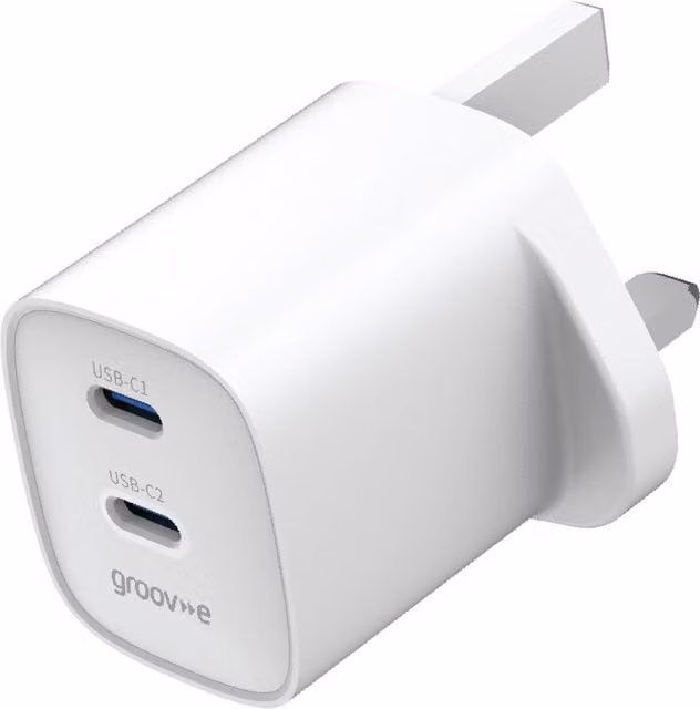 Groov-e Dual USB-C 35W GaN Wall Charger with Power Delivery, White