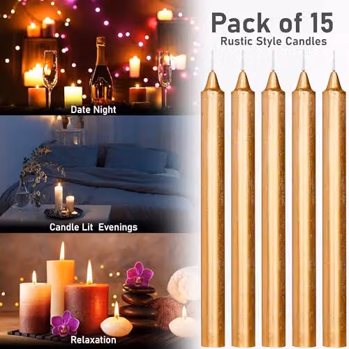 Deco Express Set of 15 Unscented Tapered Candles in Gold – 6
