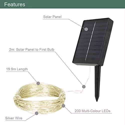 GardenKraft Solar Powered Multicoloured Micro LED Outdoor String Lights with Silver Cord and IP44 Weatherproof Rating – 4