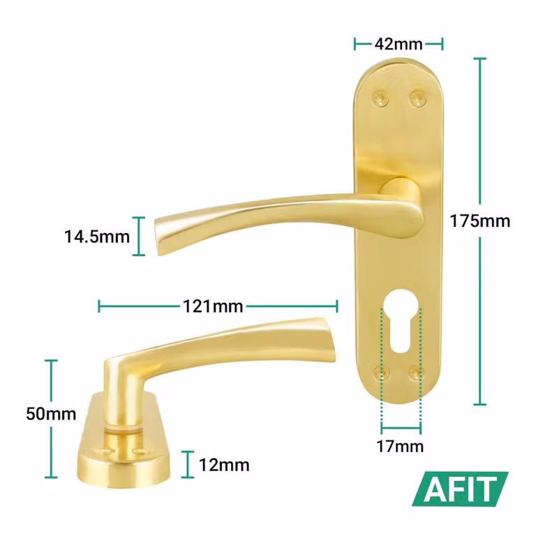 AFIT Satin Brass Euro Cylinder Door Handle, Lock and Hinges Complete Set in Gold