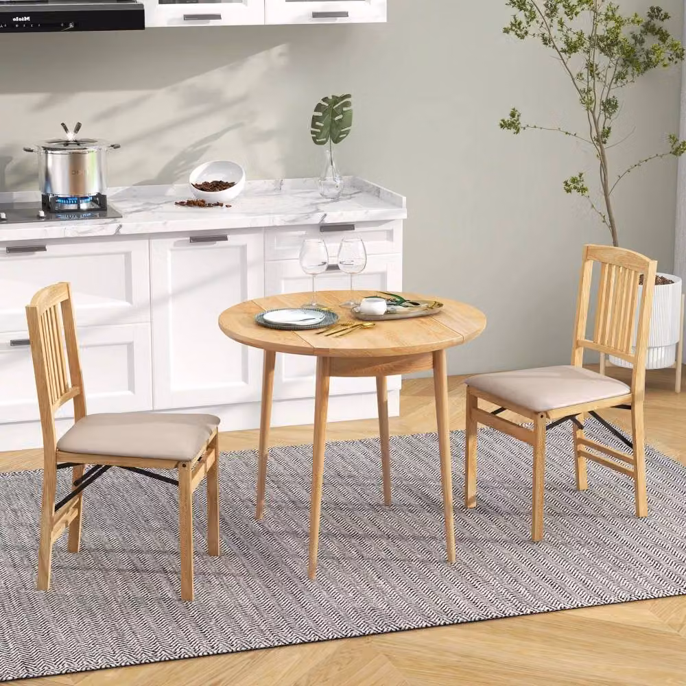 Costway Set of 2 Folding Upholstered Dining Chairs in Beige with Rubberwood Legs – 2
