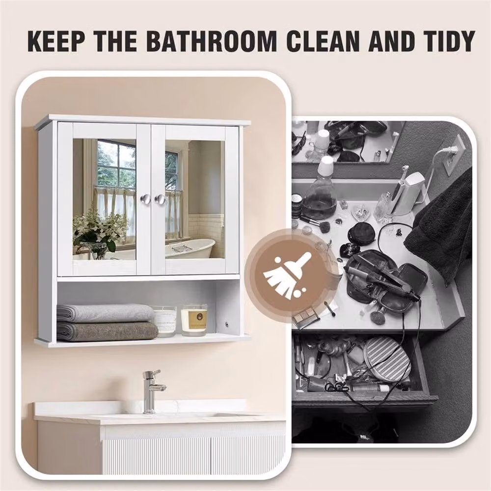 Nordara White Wall Mounted Bathroom Cabinet with Mirror Doors and 3 Internal Shelves, W: 70 cm, H: 65 cm – 2