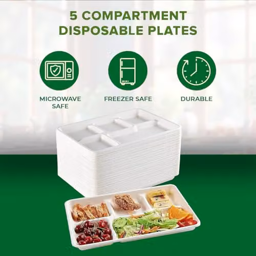 ECONX White 5 Compartment Bagasse Food Trays, 100% Compostable Sugarcane Paper Plates, Pack of 50 – 2