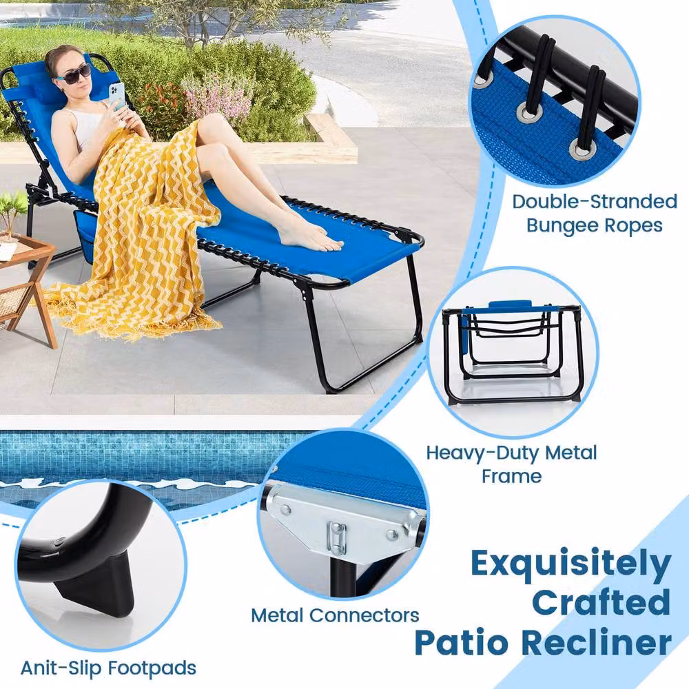 Costway Navy Blue Folding Patio Chaise Lounge Chair with Adjustable Headrest and Textilene Fabric – 3
