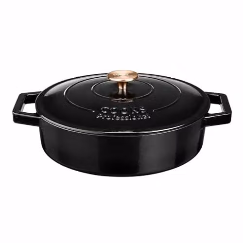 Cooks Professional Enamelled Cast Iron Shallow Casserole Dish with Lid and Handles, 4.3 l, Matt Black, 28 cm