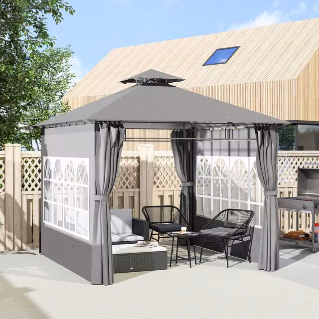 Outsunny Double Roof Garden Gazebo with Windows, Light Grey, W/D/H: 300 x 300 x 300 cm