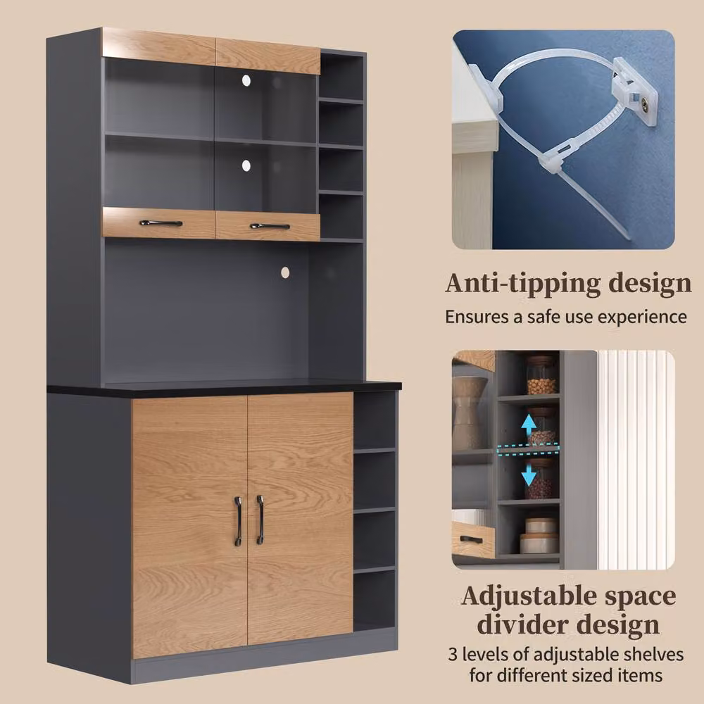 Merax Tall Kitchen Storage Cabinet Pantry with LED Open Shelves in White, Black or Beige – 5