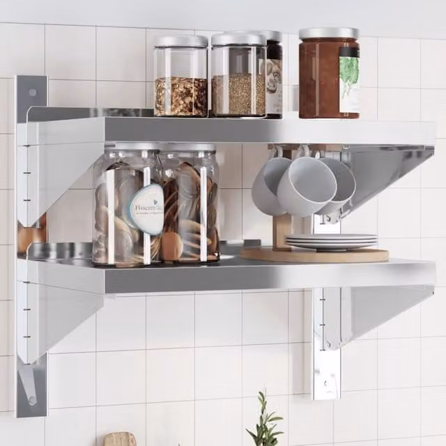 Berkfield Home 2-Tier Wall Mounted Metal Shelf in Silver, W/D/H: 50 x 30 x 60 cm