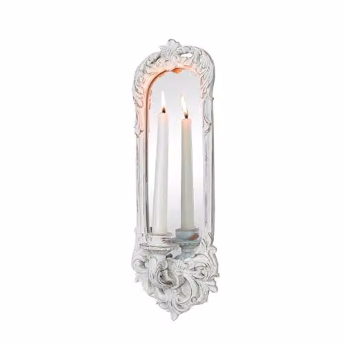 Melody Maison Ornate White Shabby Chic Wall Mirror Candle Holder Sconce – 3