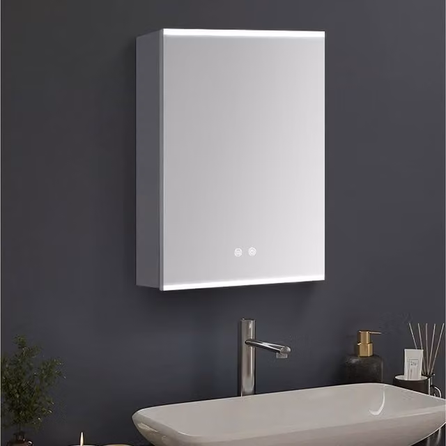 Livingandhome Modern Silver LED Bathroom Mirror Cabinet with Shaver Socket and Anti-Fog Function