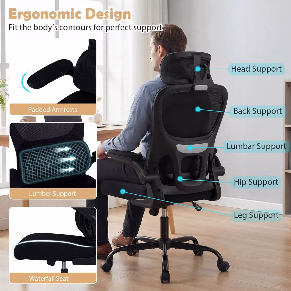 Gymax High Back Ergonomic Mesh Office Chair with Lumbar Support, Headrest and Flip-up Arms in Black – 9