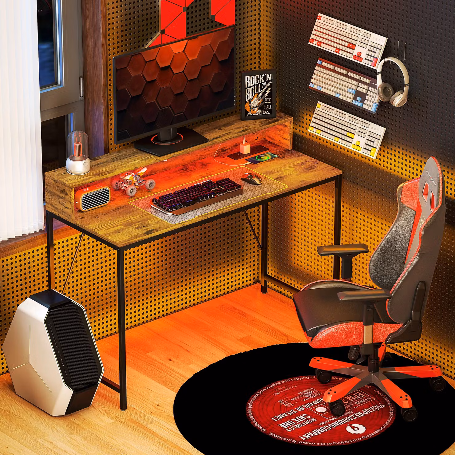 HOMCOM Gaming Desk with LED Lights and Shelf, Rustic Brown – 1