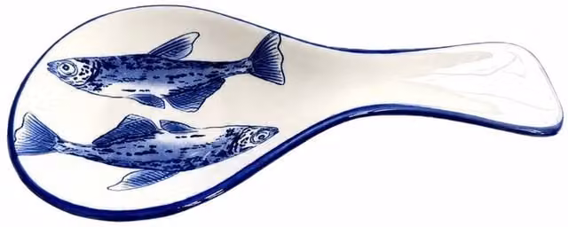 Verano Spanish Ceramics Ocean Fish Ceramic Kitchen Utensil Spoon Rest in Blue and White, L: 27 cm, H: 3 cm – 1