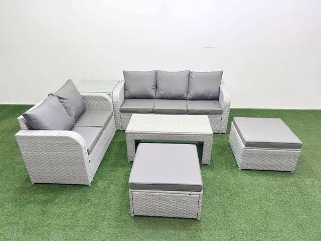 Fimous 7 Seater Grey PE Rattan Wicker Garden Furniture Set with Oblong Coffee Table, 3 Seater Sofa, Love Seat and 2 Ottomans