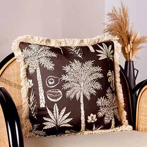 Paoletti Colonial Palm Square Floral Cushion in Brown with Removable Polyester Cover – 3