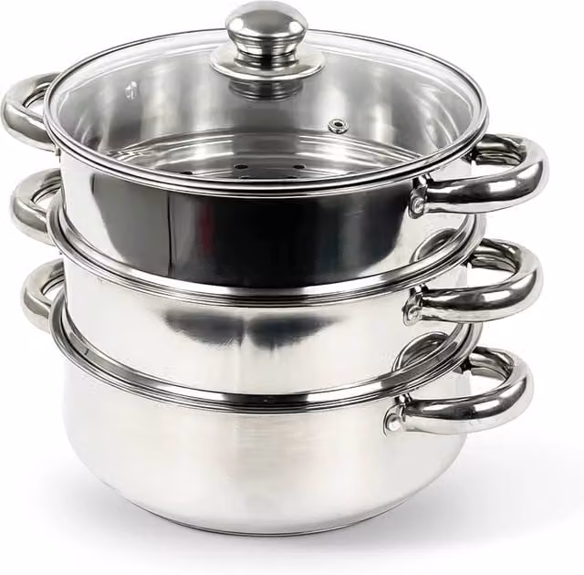 VOGREX 3 Tier Stainless Steel Multi Pot Steamer with Glass Lid, Silver – 1