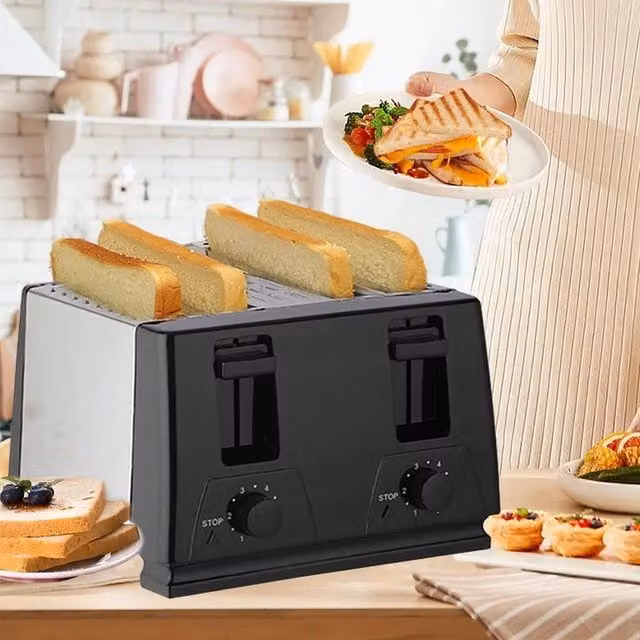 FORGEVIO 4 Slice Wide Slot Toaster with 6 Variable Browning Settings, Defrost and Reheat Functions in Black