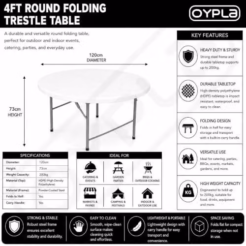 Oypla 4ft Round Folding Heavy Duty Outdoor Trestle Party Garden Table in White – 2