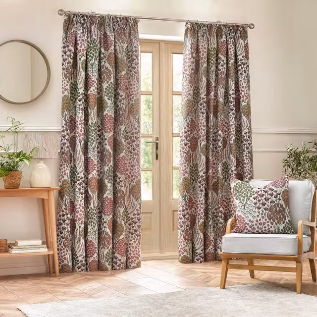 Make It A Home Ophelia Floral Jacquard Pencil Pleat Curtains, Red/Multicolour, H: 229 cm, W: 183 cm